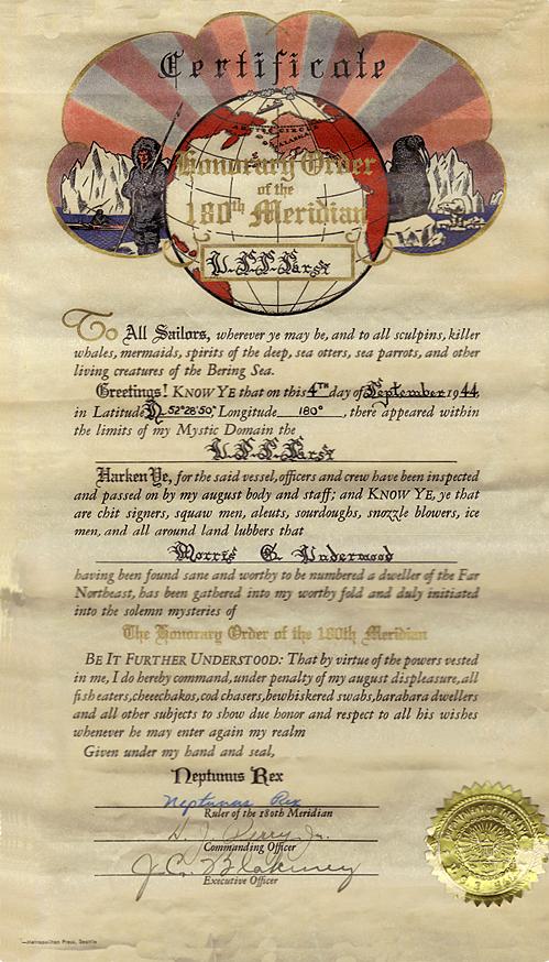 Honorary Order of the 180th Meridian Certificate